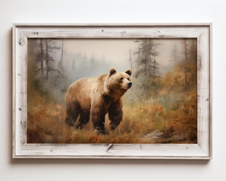 a painting of a brown bear in a forest