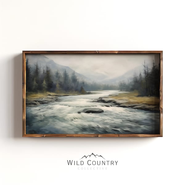 Rushing River Poster, Montana Wall Art, Log Cabin Decor, Vintage River Print, Rustic Country Art, Flathead River Poster, Montana Painting