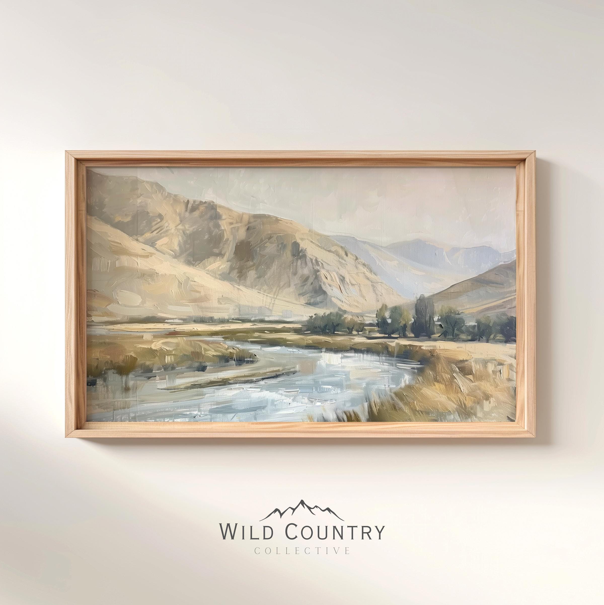 印刷可能なヴィンテージの急流の絵画、山の芸術、素朴な小屋の装飾