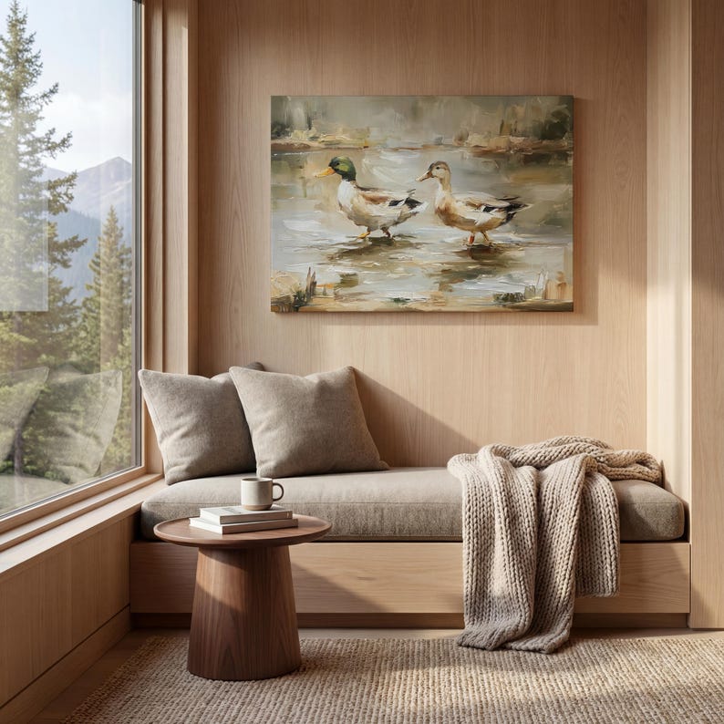 a cozy and inviting living space with a large window overlooking a scenic outdoor view. The room is adorned with a painting of two ducks in a pond, adding a touch of nature to the space. A comfortable sofa and a small wooden table are positioned near the window, creating a welcoming atmosphere. A cozy blanket is draped over the sofa, and a mug is placed on the table, suggesting a relaxing and leisurely setting.