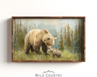 ヒグマの絵画 ママと赤ちゃん 水彩画 アートプリント 動物の壁アート