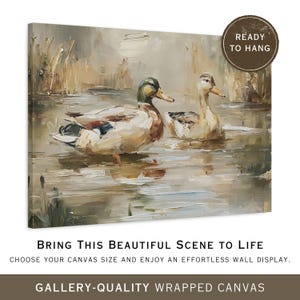 two ducks swimming in a body of water, with a text overlay that encourages the viewer to bring this beautiful scene to life by choosing a canvas size and enjoying an effortless wall display.