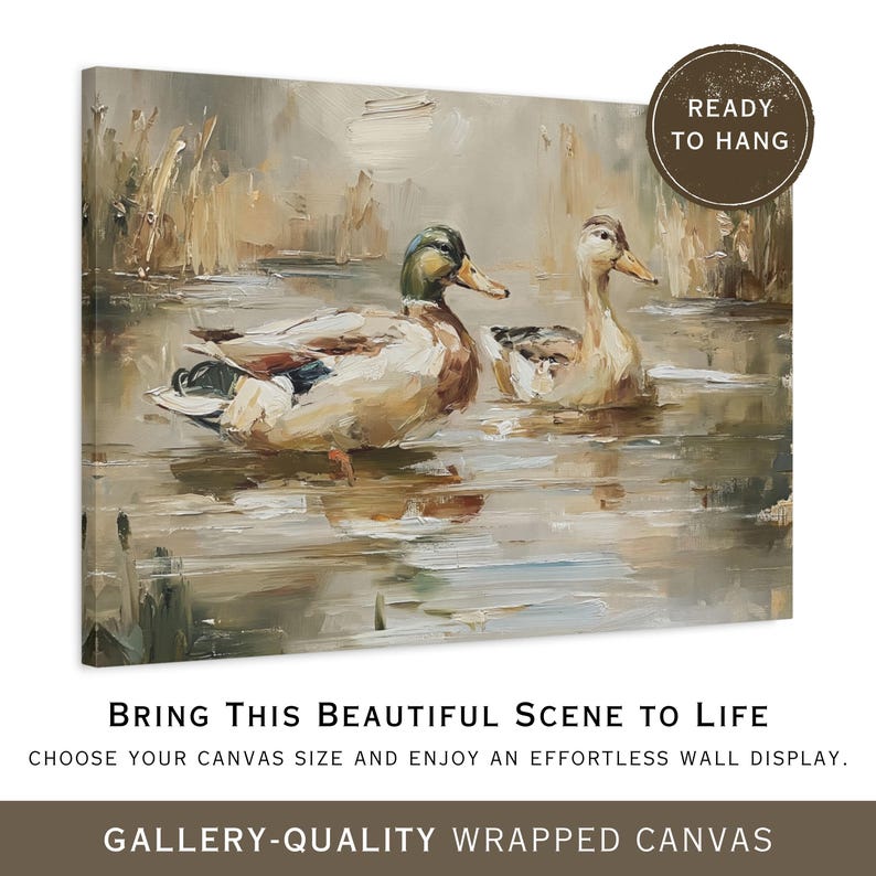 two ducks swimming in a body of water, with a text overlay that encourages the viewer to bring this beautiful scene to life by choosing a canvas size and enjoying an effortless wall display.