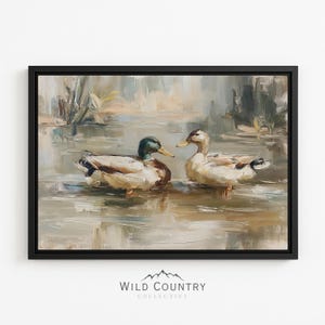 two ducks swimming in a body of water, surrounded by a natural landscape.