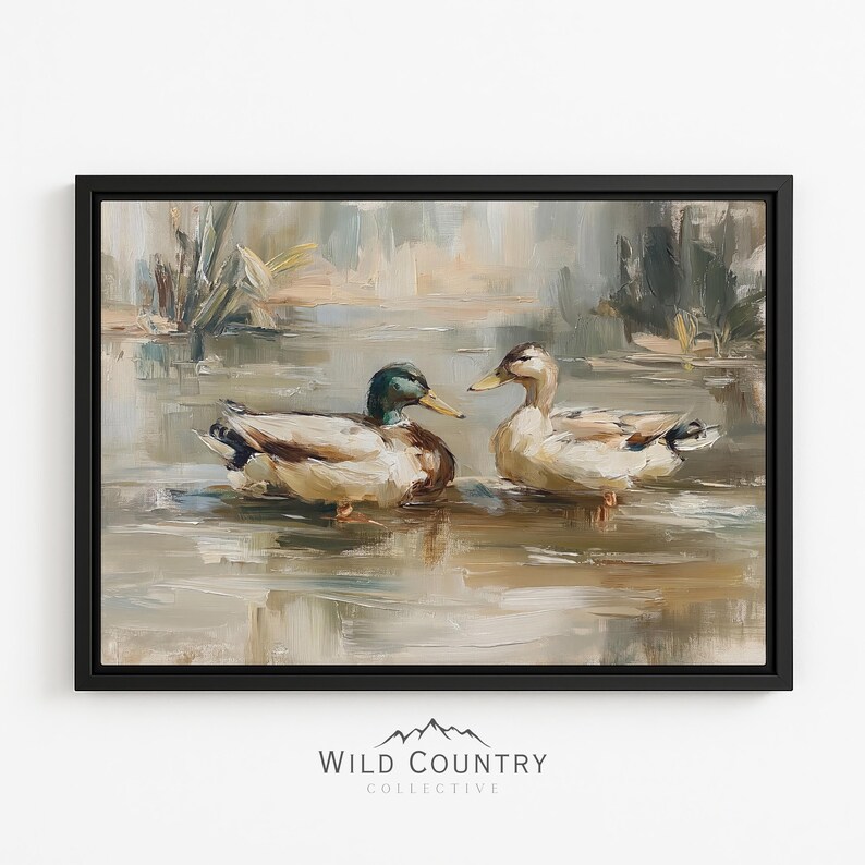 two ducks swimming in a body of water, surrounded by a natural landscape.