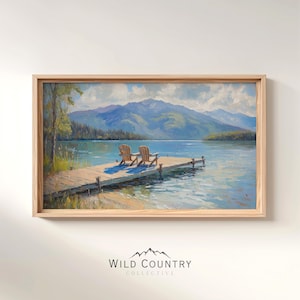 Adirondack Chairs Poster, Boat Dock Print, Vintage Lake Landscape Art, Lake View Painting, Cabin Decor, Montana Painting, Mountain Wall Art