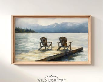 Printable Lake View Painting, Adirondack Chairs Print, Muted Lake Print, Vintage Lake Art, Mountain Painting, Mountain Wall Art, Cabin Decor