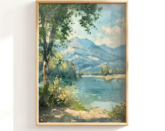 印刷可能な美しい青い川の油絵、ヴィンテージの自然画、山の油絵、川の