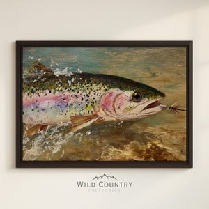 Art mural encadré de truite sur toile de pêche à la mouche, peinture vintage de truite, impression de lac rustique, décoration de pêche, art mural de cabine, impression de pêche à la mouche, toile d'art
