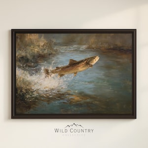 Décoration murale encadrée sur toile de pêche, peinture vintage de truite, art mural de pêche à la mouche pour décoration de cabine, cadeau de pêcheur pour papa, peinture sur la nature