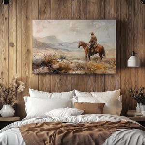 Vintage Cowboy Painting, Western Cowboy Canvas Print, Montana Wall Art, Countryside Art Print, Country Western Wall Art, Mountain Painting