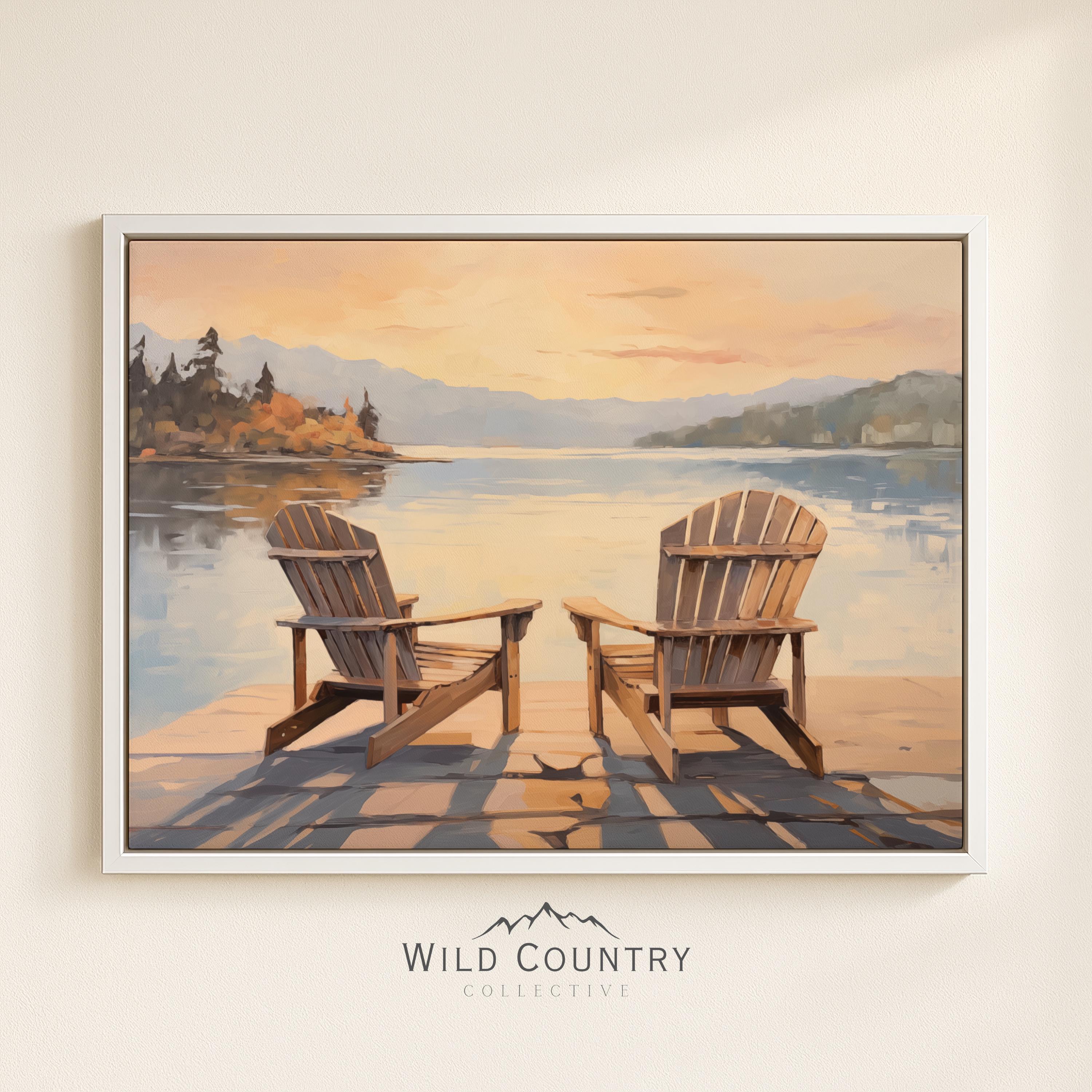 Framed Sunset Canvas Art: Adirondack Chairs Mountain Lake Dock