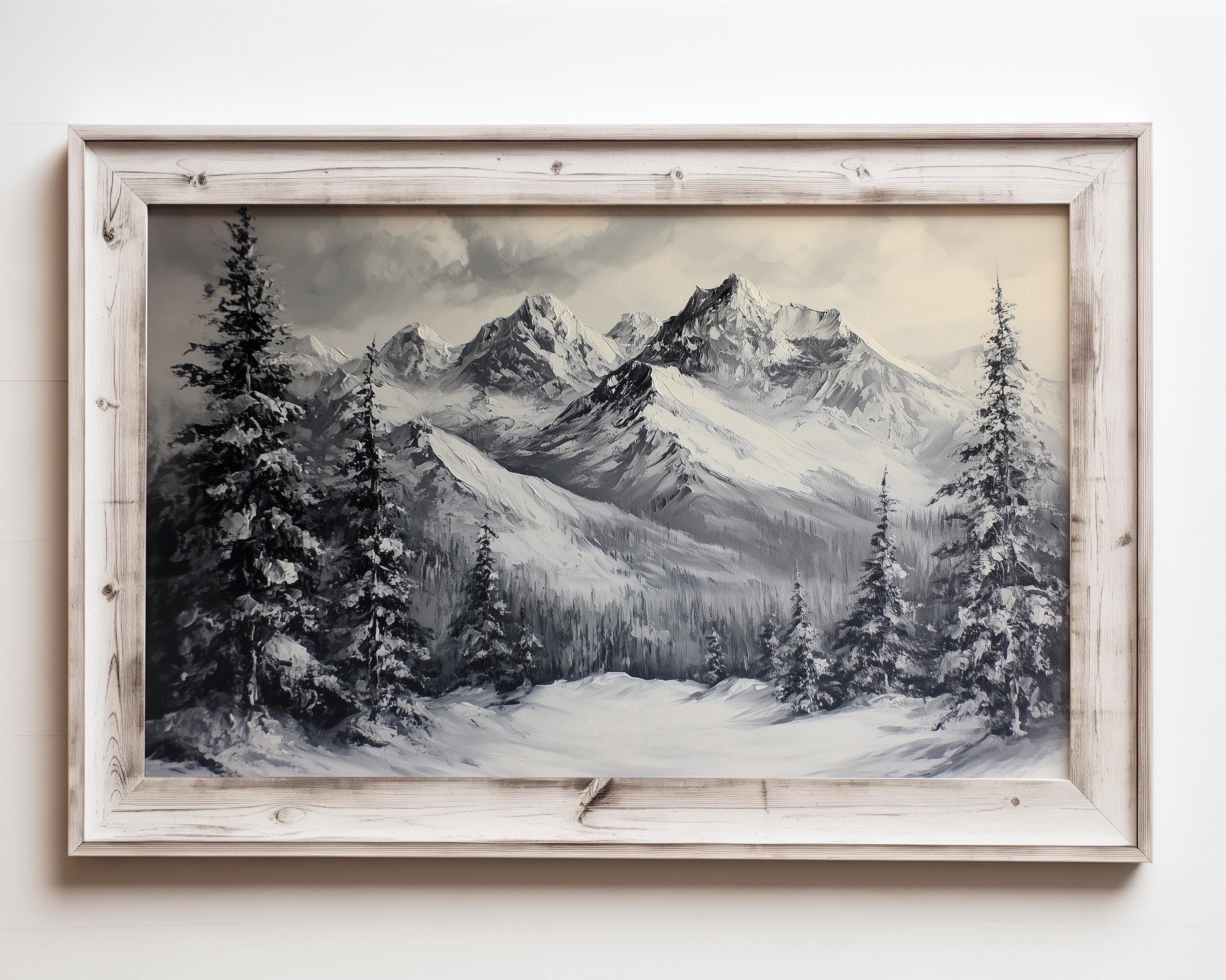 冬の森の風景画、ヴィンテージマウンテンアート、グレイシャー国立公園