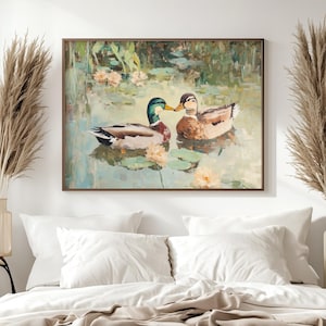 Love Birds Mallard Ducks Oil Painting, His & Hers Gift, Vintage Duck Poster Print, Mallard Duck Decor, Farmhouse Wall Art, Gift for Couples image 3