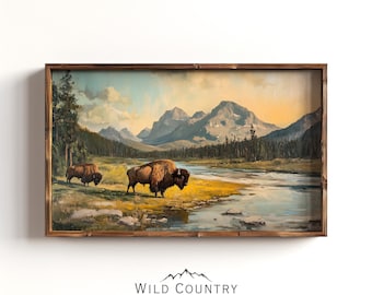 Yellowstone Bison Art Print, Mountain Landscape, American Bison Painting, Wildlife Wall Art, Western Buffalo Decor, Vintage Buffalo Print