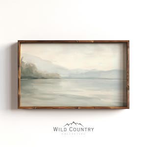 Muted Lake Painting, Faint Vintage Wall Art, Antique Lake Poster Print, Rustic Lake House Decor, Montana Painting, Light Gray Wall Art