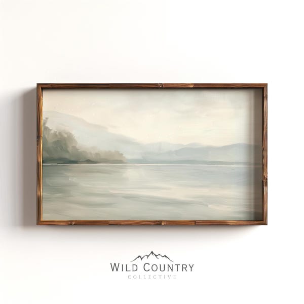 Muted Lake Painting, Faint Vintage Wall Art, Antique Lake Poster Print, Rustic Lake House Decor, Montana Painting, Light Gray Wall Art