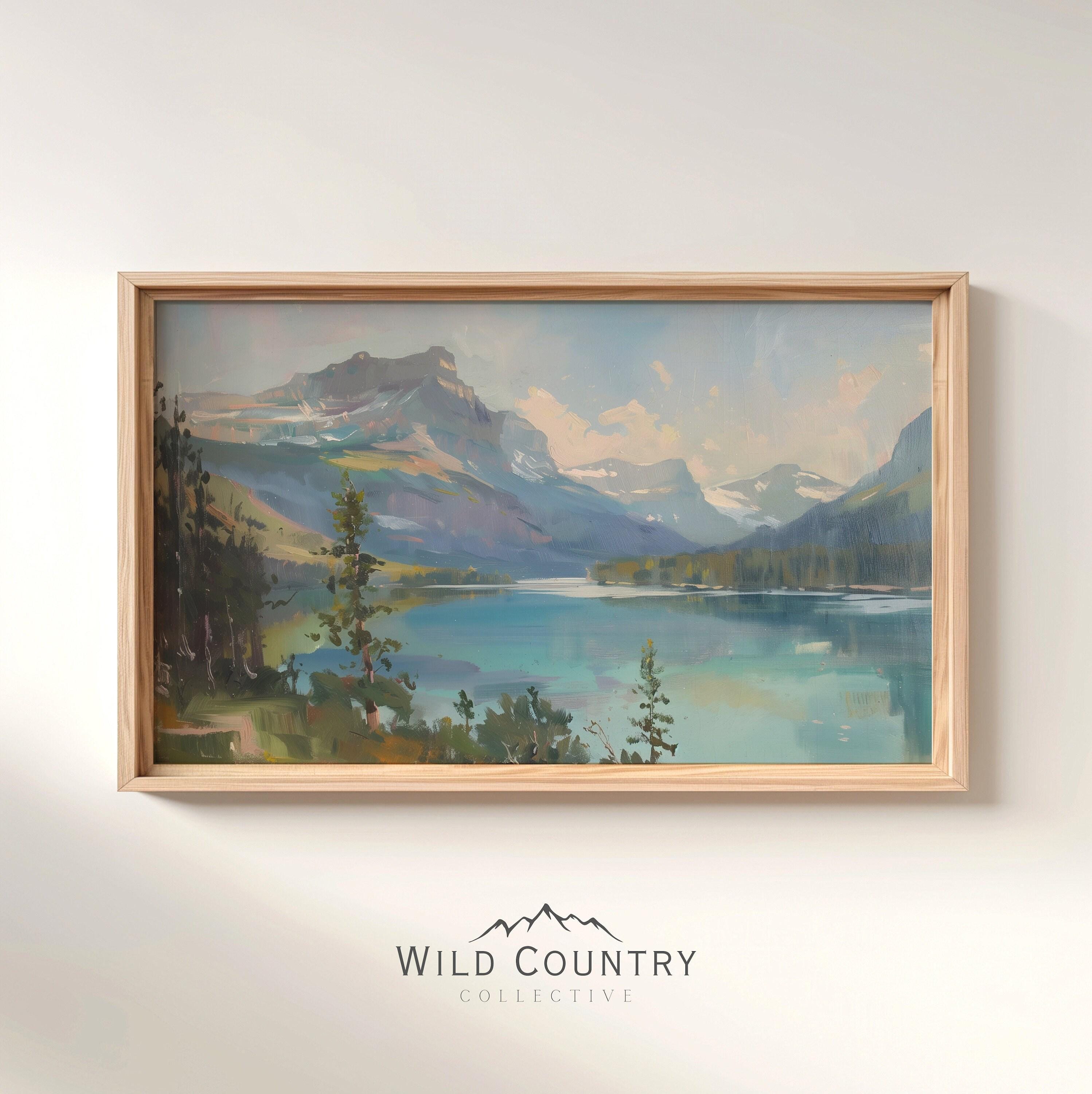 Retro Glacier National Park Poster, Glacier Park Oil Painting, Montana Wall Art, Mountain Painting, Vintage Lake Painting, Montana Painting