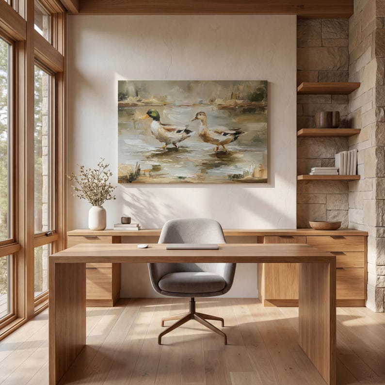 a serene and modern workspace with a large painting of ducks on the wall, a wooden desk with a chair, and a vase of flowers on the desk.