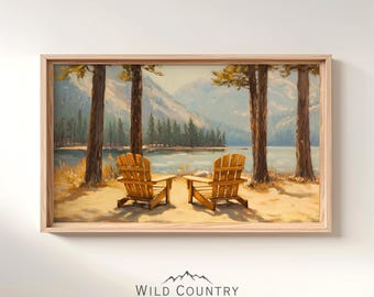 Chaises Adirondack imprimables, décoration murale, impression de pin, peinture vue lac, art mural montagne, art paysager lac vintage