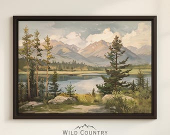 Framed Montana Mountain Wall Art Canvas Mountain Lake Framed Forest Wall Art Vintage Lake Painting Summer Cabin Decor Rustic Landscape Print