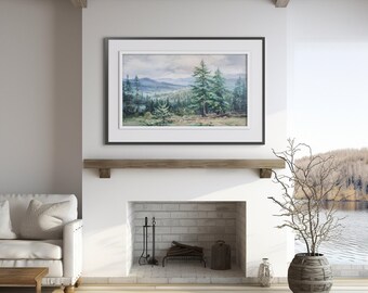 ヴィンテージの常緑松の油絵、ヴィンテージの風景ポスタープリント、山