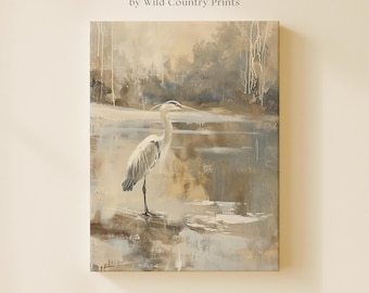 Great Blue Heron Canvas Print, Large Bird Painting, Rustic Wall Art, Beige Aesthetic Decor, Bird Watcher Gift, Minimalist Coastal Room Decor