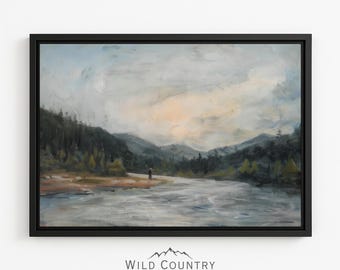 Framed Fisherman Painting Canvas Man Fishing Wall Art River Landscape Outdoorsman Fishing Gift for Man Bedroom Wall Art River Painting Muted