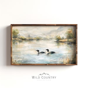 Cabin Lake Art Print Two Common Loons Crossing Reflective Water with Modern Rustic Cottage and Lodge Design Theme Loon Art Print Lake Home