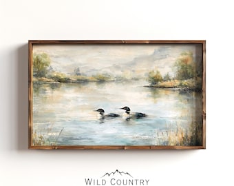 Cabin Lake Art Print Two Common Loons Crossing Reflective Water with Modern Rustic Cottage and Lodge Design Theme Loon Art Print Lake Home
