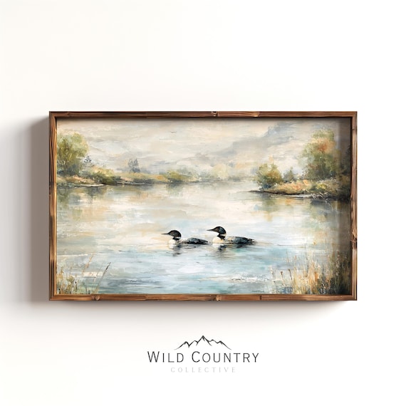 Cabin Lake Art Print Two Common Loons Crossing Reflective Water with Modern Rustic Cottage and Lodge Design Theme Loon Art Print Lake Home
