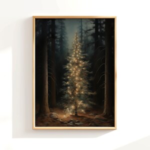 Printable Moody Christmas Tree Painting, Pine Tree Forest Painting, Dark Festive Print, Christmas Wall Decor, Vintage Holiday Wall Art