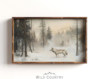 Gray Wolf Print Gift for Wildlife Lover Wolf Wall Art Vintage Winter Landscape Print for Cabin Rustic Forest Painting Moody Montana Wall Art