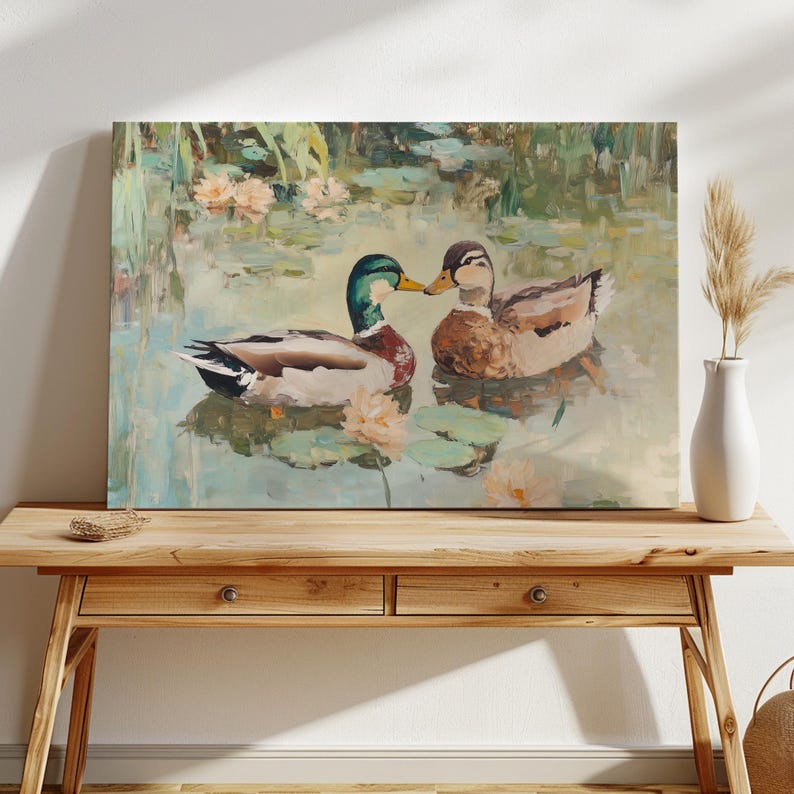 Love Birds Mallard Ducks Oil Painting, His & Hers Gift, Vintage Duck Poster Print, Mallard Duck Decor, Farmhouse Wall Art, Gift for Couples image 14
