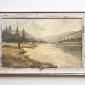 a painting of a man standing in a field next to a lake