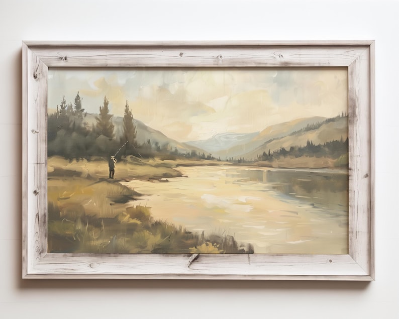 a painting of a man standing in a field next to a lake