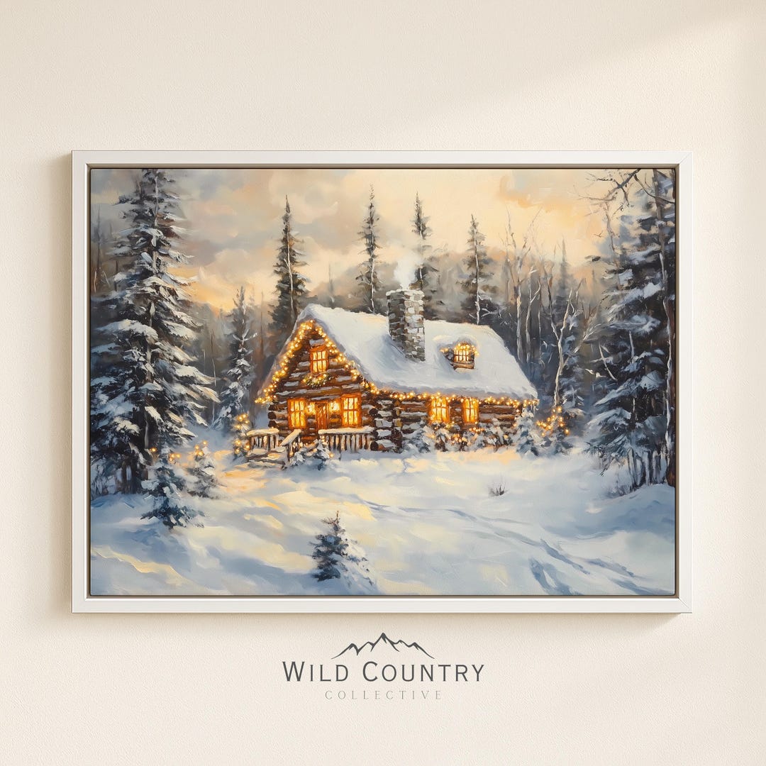 Framed Christmas Cabin Canvas Wall Art Snowy Log Cabin With Lights ...