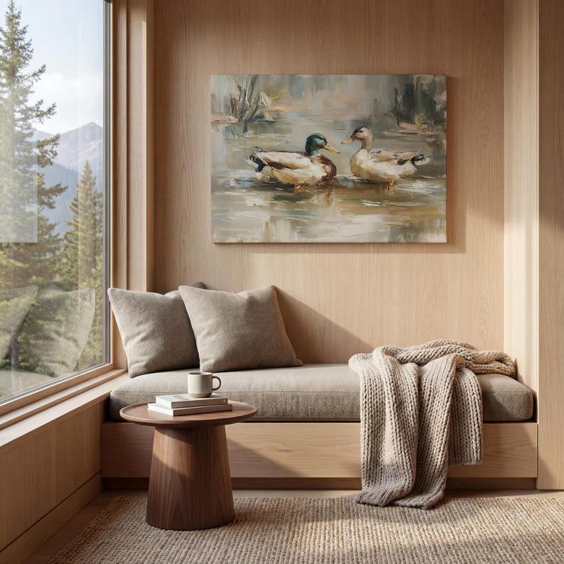 a cozy and inviting living space with a large window overlooking a serene lake, where two ducks are swimming. The room is adorned with a painting of ducks on the wall, a wooden bench, a small side table, and a beige blanket draped over the bench.