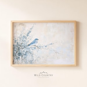 Minimalist Bluebird Art Print Bare Branch Pale Cream Neutral Quiet Luxury Scandinavian Bedroom Wall Decor Nursery Bird Nature Understated