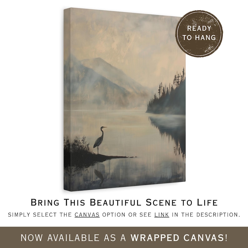 Great Blue Heron Art Print, Dark Vintage Art Print, Rustic Cabin Decor, Muted Lake Painting, Rustic Mountain Wall Art, Heron Bird Painting imagen 10
