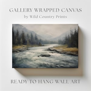 Large Canvas Art River Painting Montana Lodge Decor Vintage Mountain Wall Art Moody River Landscape Print Brook Mountain Canvas Nature Woods