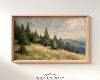 Printable Woodland Painting, Vintage Pine Tree Print, Rustic Evergreen Pines Wall Art, Printable Pine Tree Art, Forest Landscape Painting