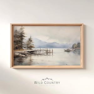 Cuadro imprimible de barco en el muelle, arte de pared vintage con vista al lago, decoración de casa en el lago, arte de pared de Montana, pintura al óleo de barco de vela antiguo