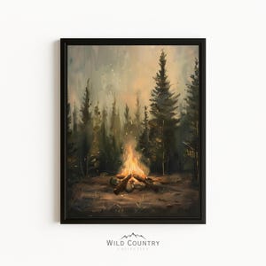 Framed Campfire Wall Art Vintage Pine Tree Painting Moody Cabin Decor Camping Wall Art Forest Print Wood Decor Rustic Nature Painting Forest
