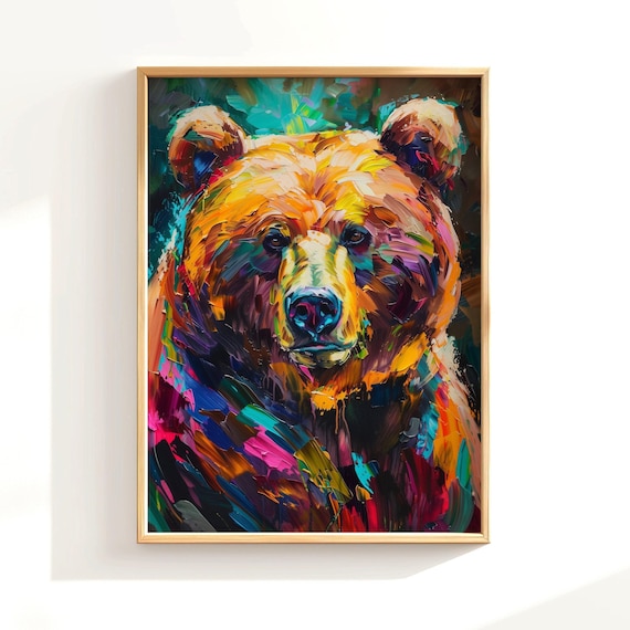 カラフルな抽象的なグリズリーベアのアートプリント、野生動物の