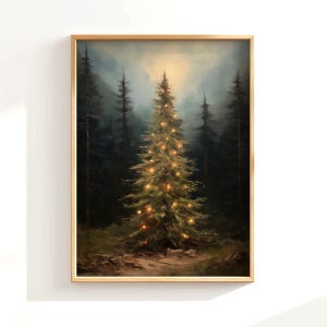 Moody Christmas Tree Print, Vintage Holiday Wall Art, Dark Forest Painting, Rustic Pine Tree Print, Christmas Wall Decor, Dark Festive Print