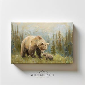 Brown Bear Nursery Wall Art, Mama Bear Oil Painting, Kids Room Wall Art, New Mom Baby Gift, Vintage Bear Cub Canvas, Woodland Nursery Decor