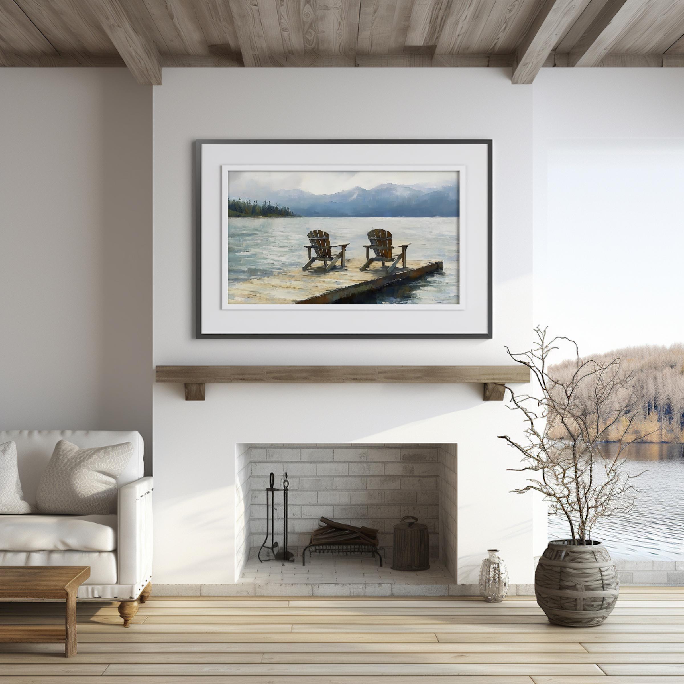 Vintage Adirondack Chairs Art Print, Muted Mountain Painting, Lake