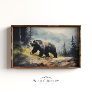 Printable Vintage Black Bear Wall Art, Dark Forest Painting, Woodland Animals, Rustic Cabin Decor, Rustic Bear Print, Vintage Animal Prints