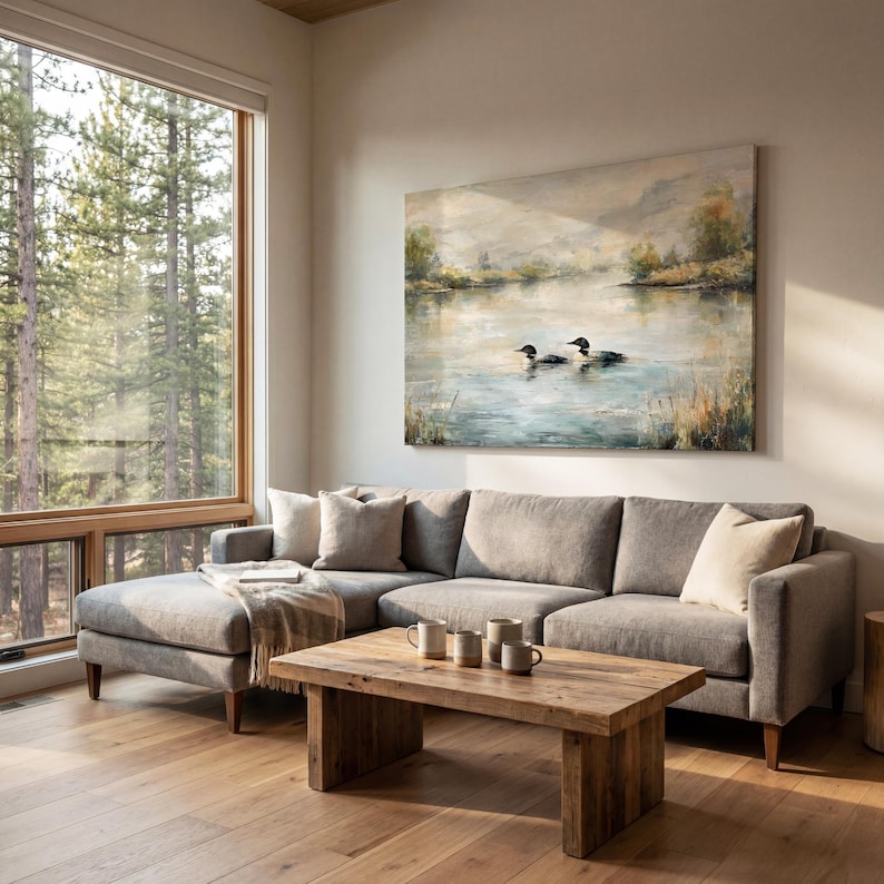a cozy living room with a large window overlooking a serene lake, featuring two ducks swimming in the water. The room is furnished with a gray sectional sofa, a wooden coffee table, and a painting of a lake scene hanging on the wall.